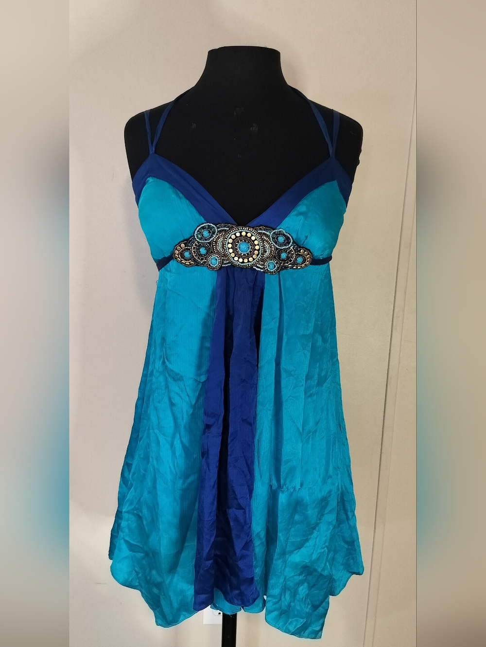 bebe Turquoise and Navy Blue Party Dress